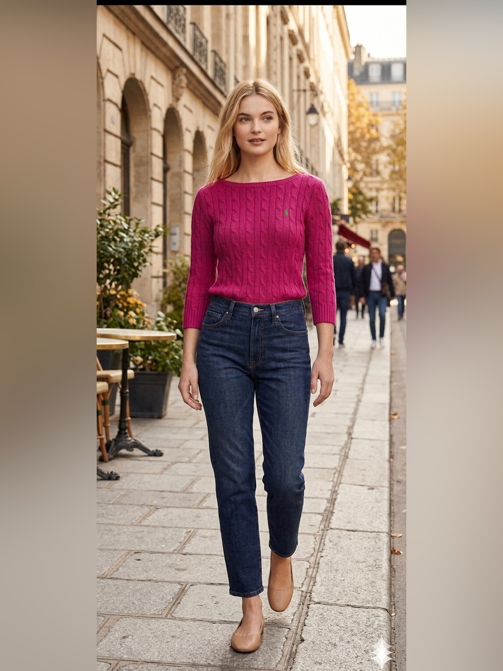 Ralph Lauren Sport Fuchsia Pink Boatneck Cable Knit Sweater 100% Cotton Med EUC